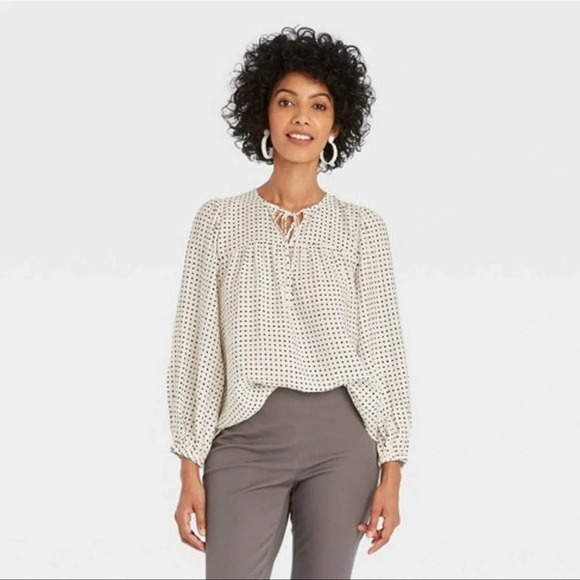 a new day Tops - A NEW DAY Tie Balloon 3/4 Long Sleeve Blouse Cream Black Polka Dot  size Small